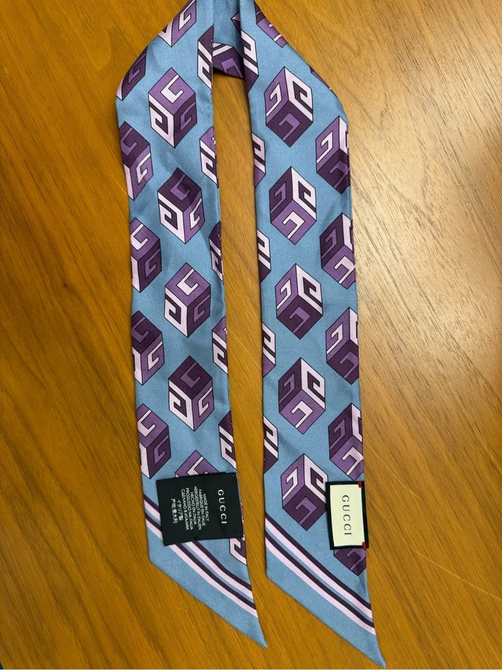 Authentic Gucci Blue & Purple Geometric Silk Ribbon Scarf